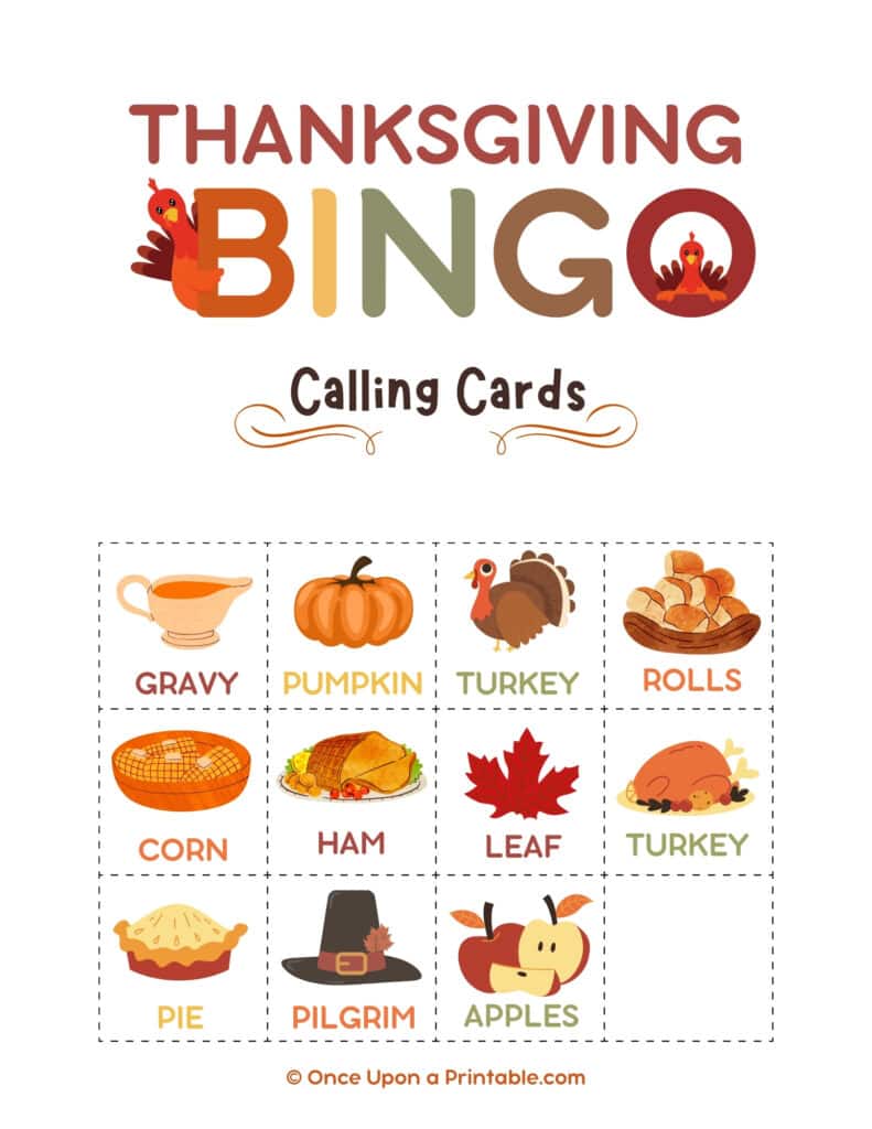 Brightly colored thanksgiving bingo cards with turkey graphics and graphics of other fun thanksgiving things.