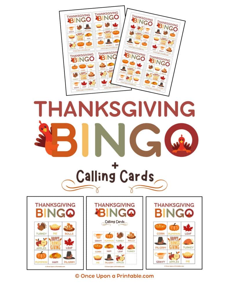 Brightly colored thanksgiving bingo cards with turkey graphics and graphics of other fun thanksgiving things.