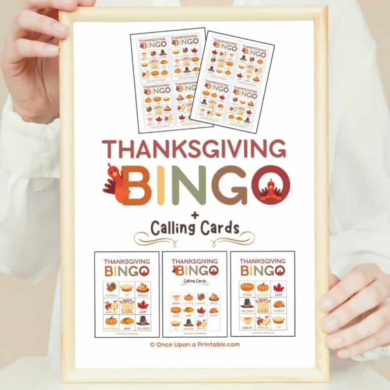 Thanksgiving bingo cover page with bright colors and turkey graphics framed and held in a womans' hands.