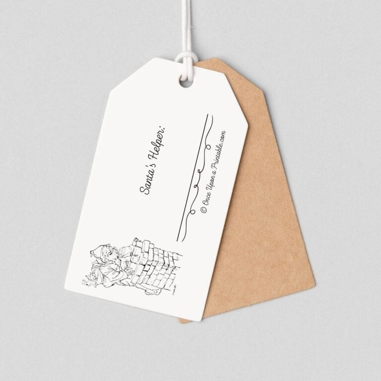 Twas the Night Before Christmas name tags with illustration of Santa going down the chimney.