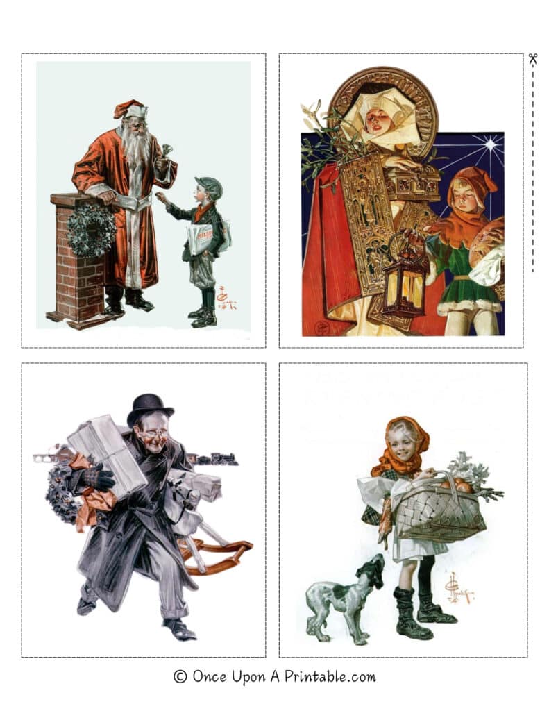 Vintage illustrations of Santa, children, postal worker, toy maker, mary and baby jesus, etc by J. C. leyendecker.
