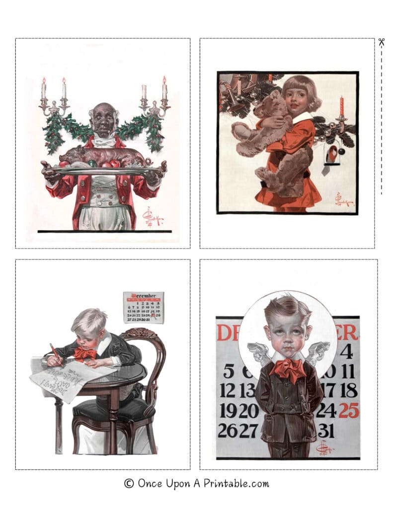 Vintage illustrations of Santa, children, postal worker, toy maker, mary and baby jesus, etc by J. C. leyendecker.