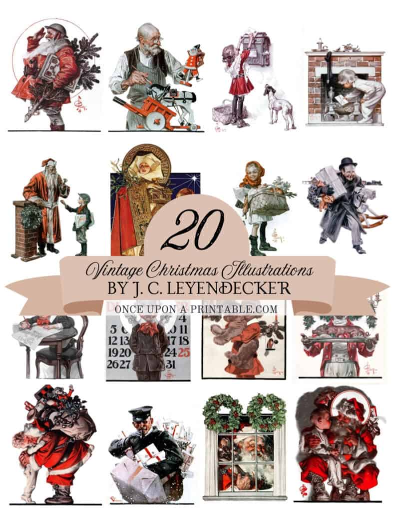 Vintage illustrations of Santa, children, postal worker, toy maker, mary and baby jesus, etc by J. C. leyendecker.