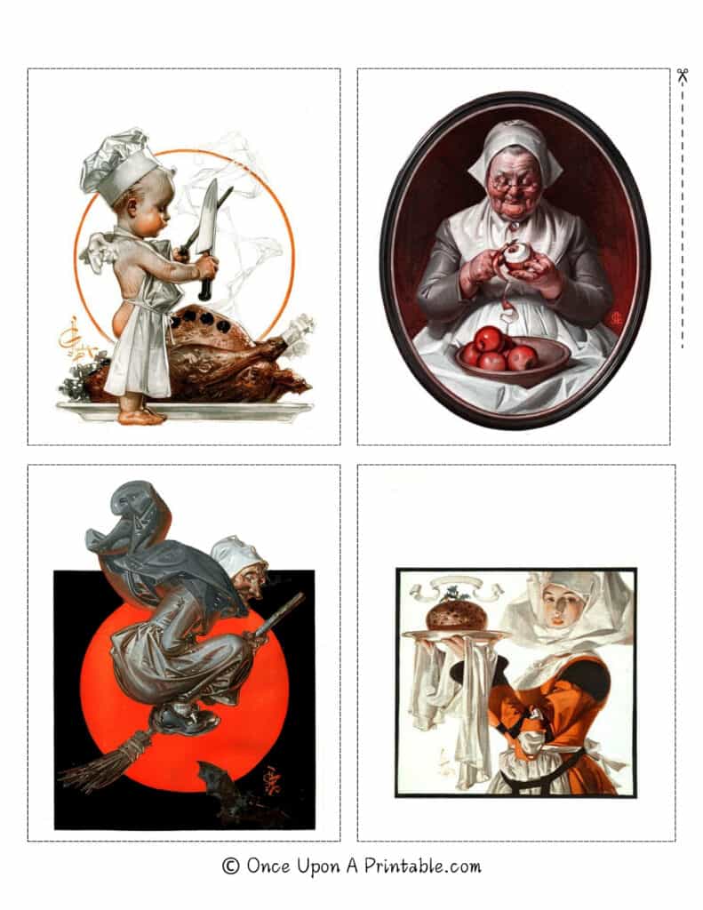 Original illustrations by artist J. C. Leyendecker, Halloween and Thanksgiving illustrations.