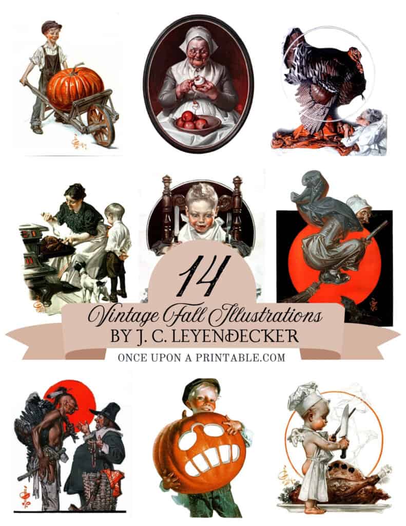 Original illustrations by artist J. C. Leyendecker, Halloween and Thanksgiving illustrations.