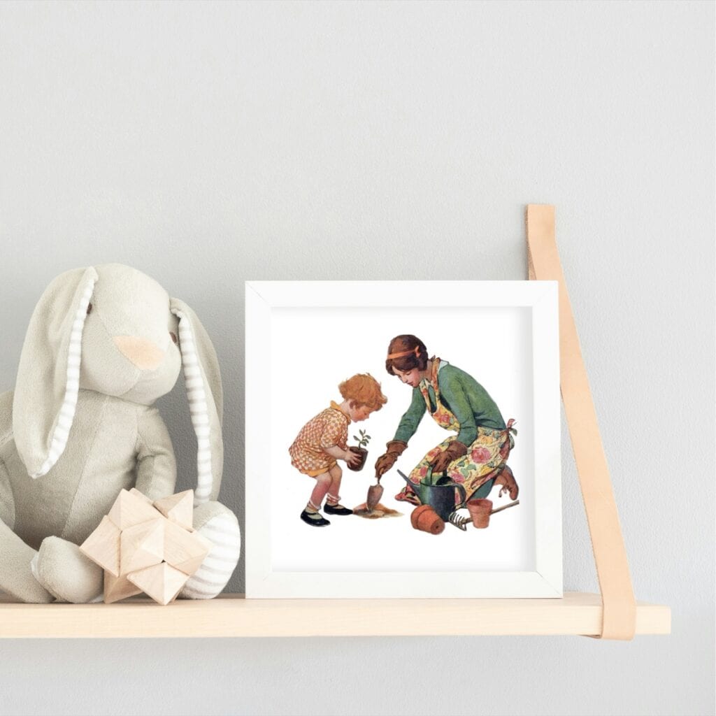 A vintage illustration framed of a mother and child gardening, by Jessie Willcox Smith.