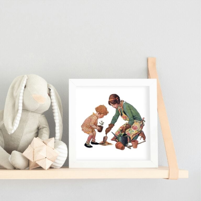 A vintage illustration framed of a mother and child gardening, by Jessie Willcox Smith.