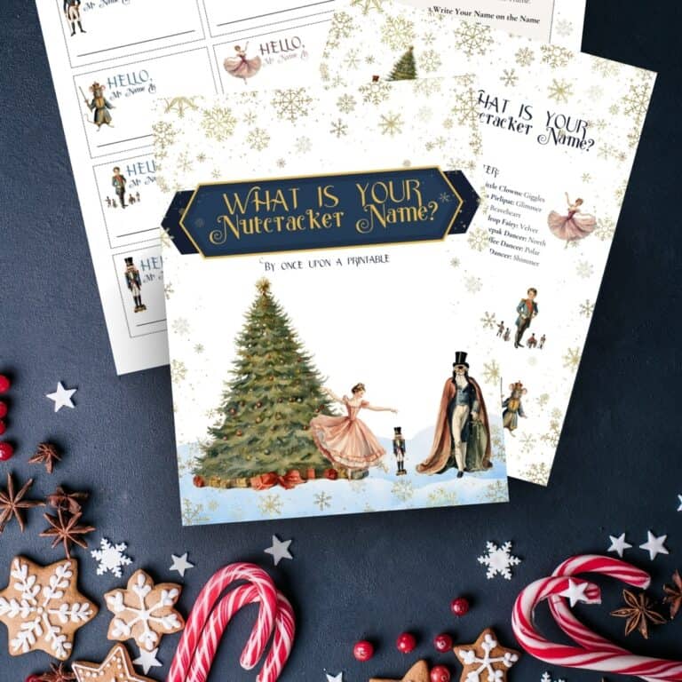 What is your Nutcracker name? game printables with watercolor graphics of characters from the book sitting on a blue surface with gingerbread cookies and candy canes.