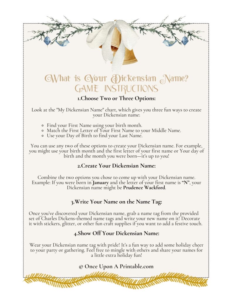 What is your Dickensian name game printable with victorian inspired graphics.