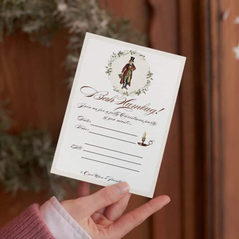Classic "A christmas carol" party invitation being hold by a woman's hand in front of a solid wood door.