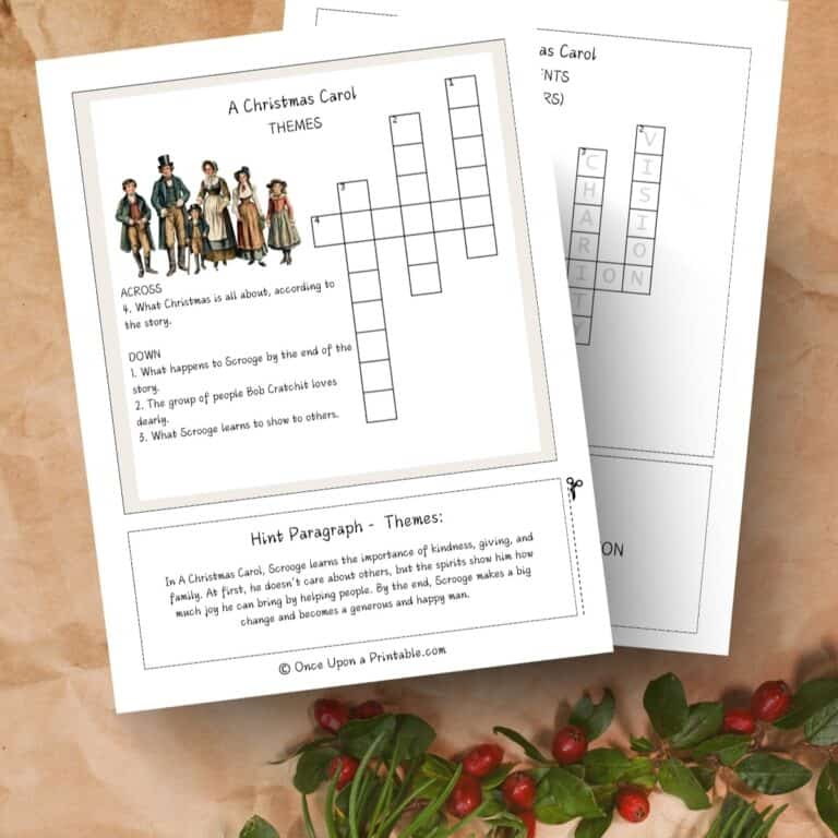 A Christmas Carol Crossword puzzles on a brown paper back with garland and berries.