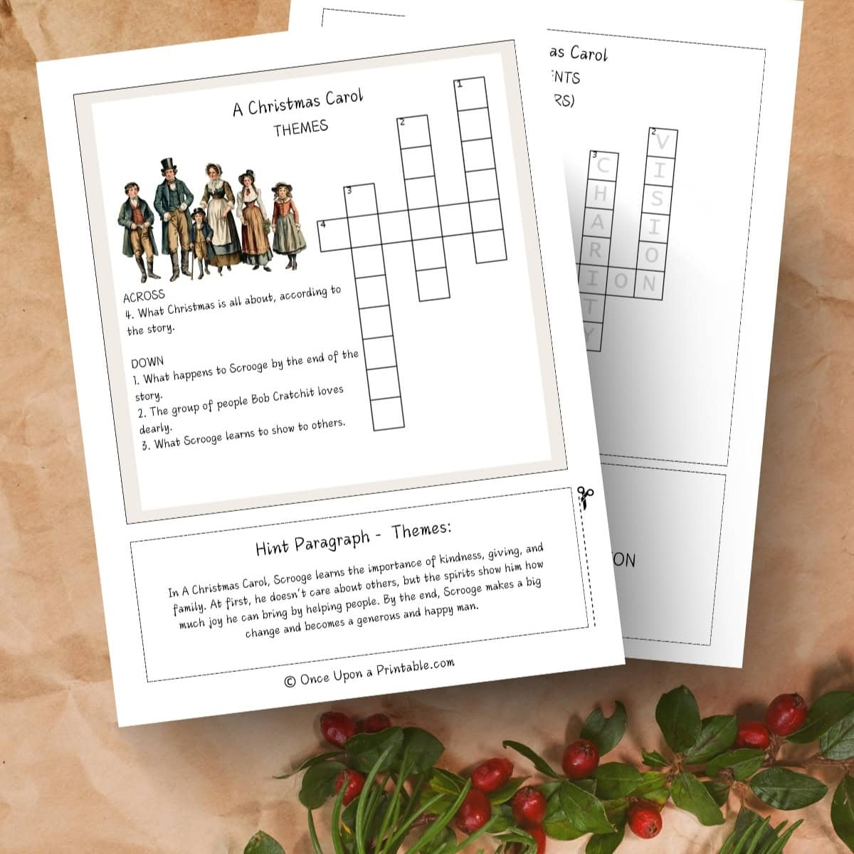 A Christmas Carol Crossword puzzles on a brown paper back with garland and berries.