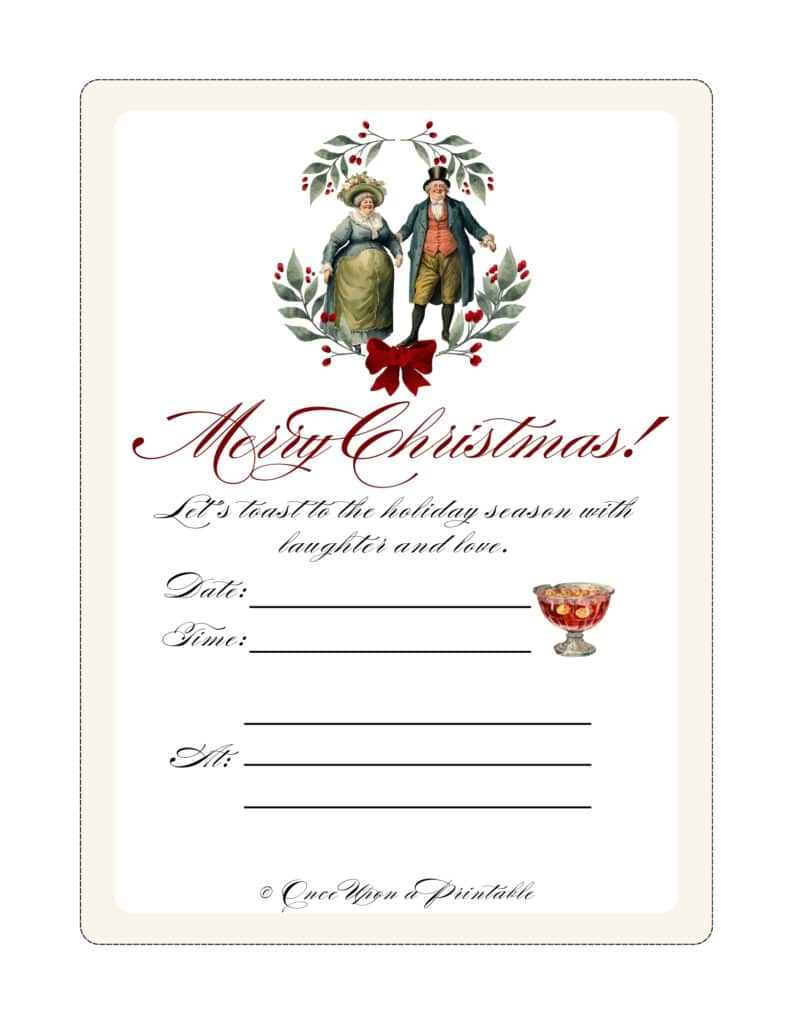 A Charles Dickens' "A Christmas Carol" themed party invitation designed with original watercolor graphics.