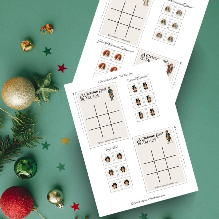 A Christmas Carol illustrated tic tac toe cards and character tokens laying on a green background with christmas tree ornaments.