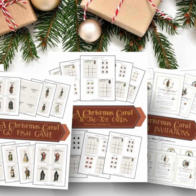 A Christmas Carol themed unit study with different illustrated printables laying on a white background with garland and brown paper packages.