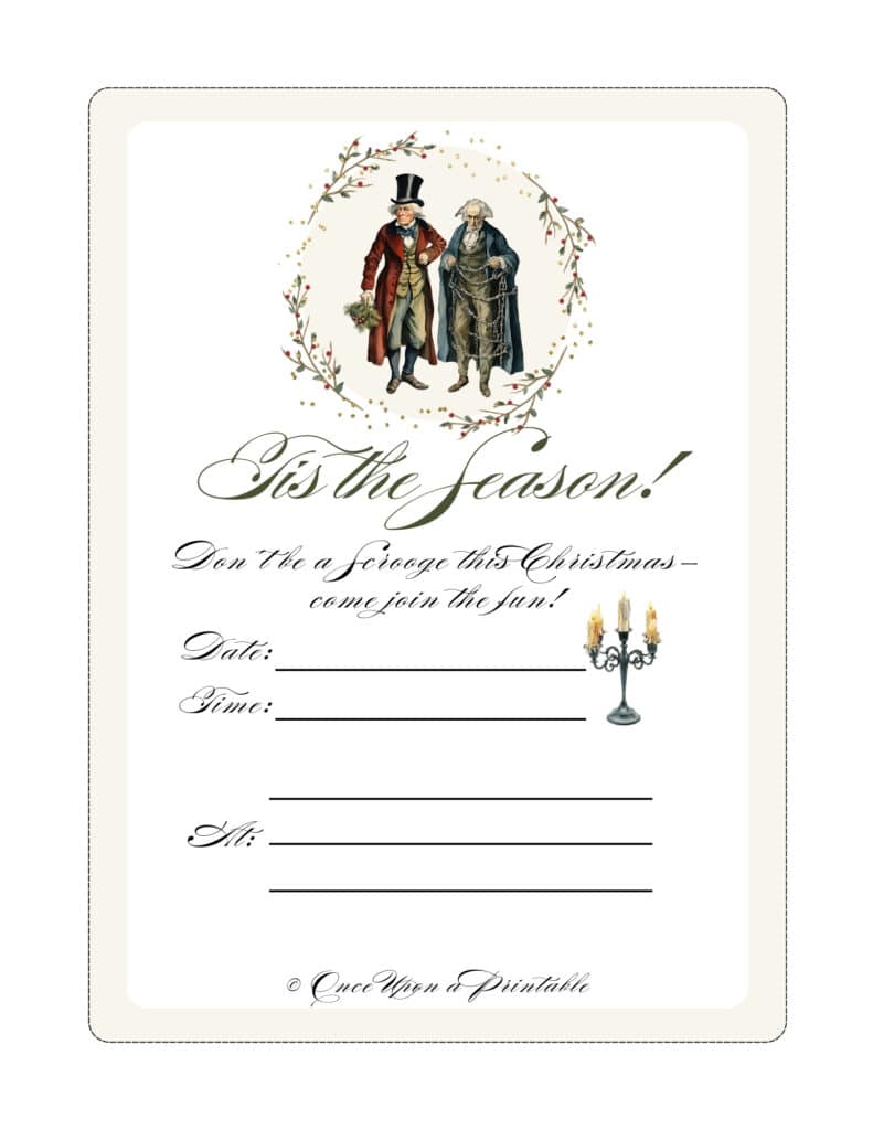 A Charles Dickens' "A Christmas Carol" themed party invitation designed with original watercolor graphics.