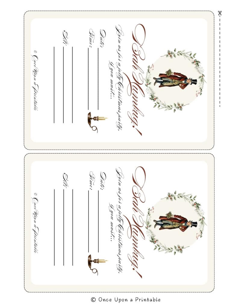 A Charles Dickens' "A Christmas Carol" themed party invitation designed with original watercolor graphics.
