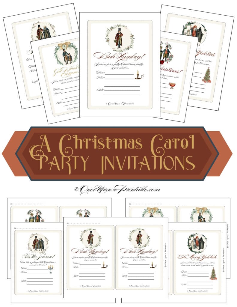 A Charles Dickens' "A Christmas Carol" themed party invitation designed with original watercolor graphics.
