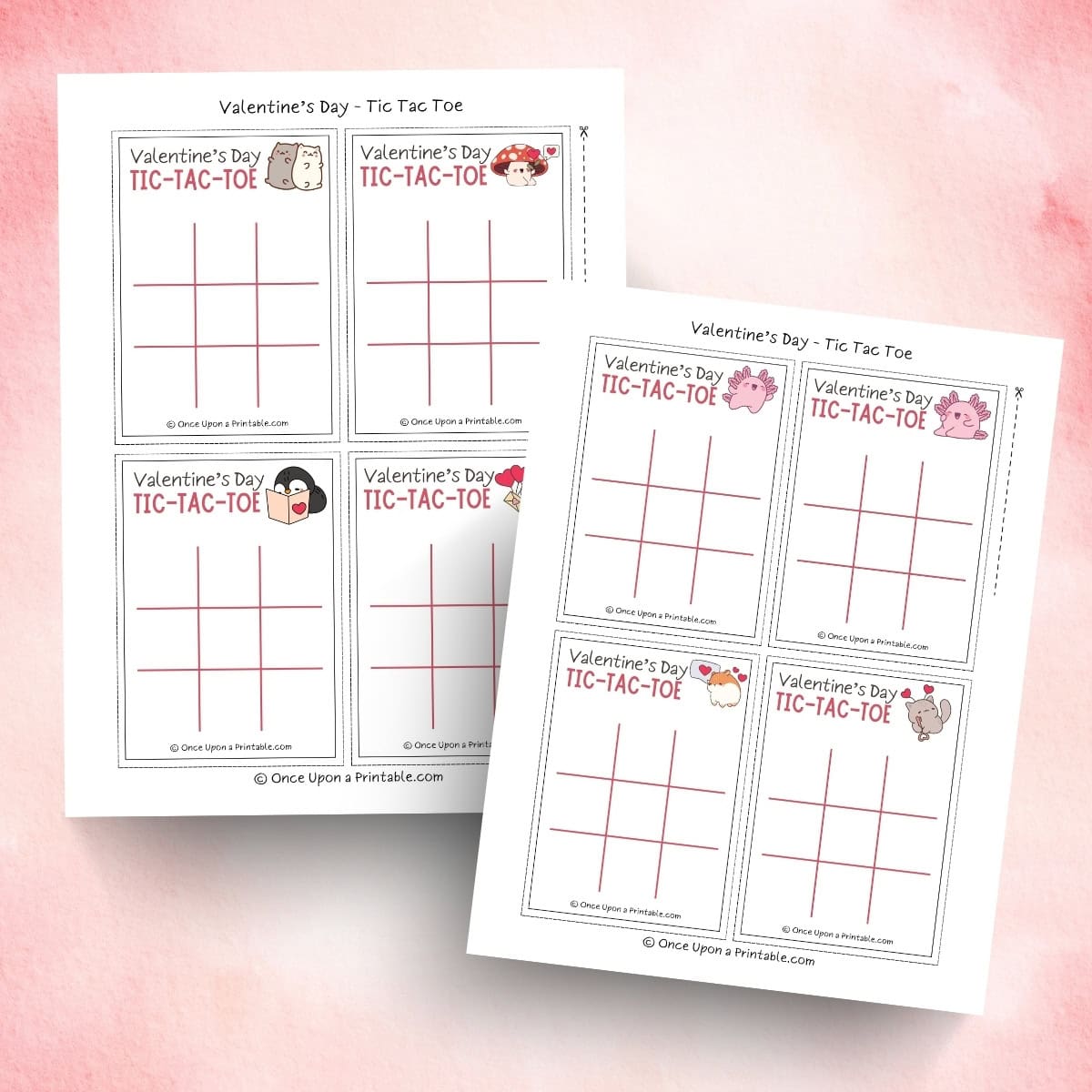 Adorable kawaii style valentine's day tic tac toe cards with cute graphics of animals and hearts.
