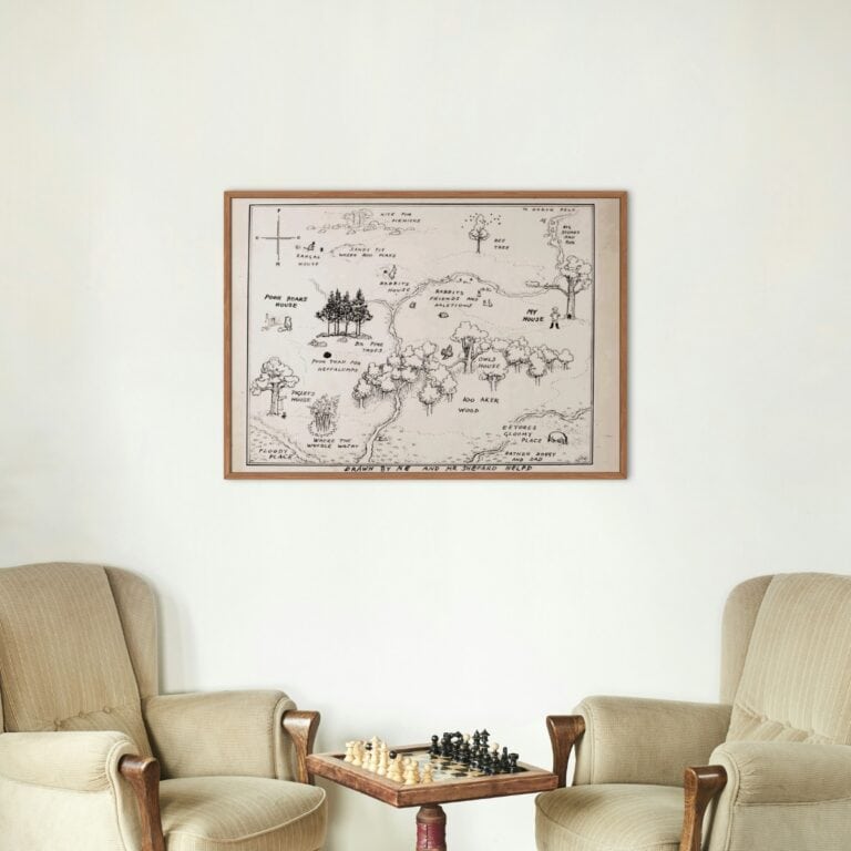 Hundred acre wood from the Winnie the Pooh book by A. A. Milne drawn by E. H. Shepard displayed above two sitting chairs and chess.