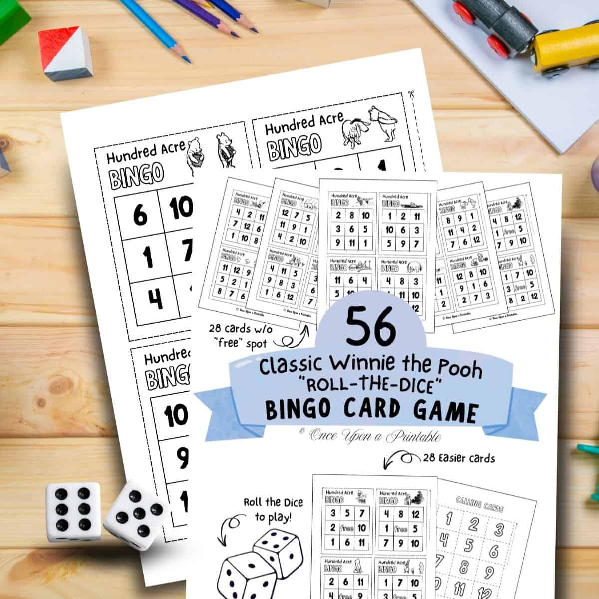 Hundred Acre Bingo, classic winnie the pooh bingo game printable with cover page. Laying on a wooden table with coloring supplies like pencils.