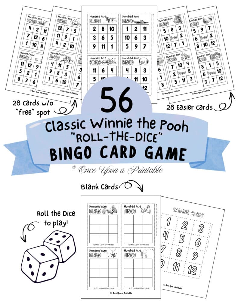 Classic Winnie the Pooh bingo card collection with original illustrations by E. H. Shepard in black and white.