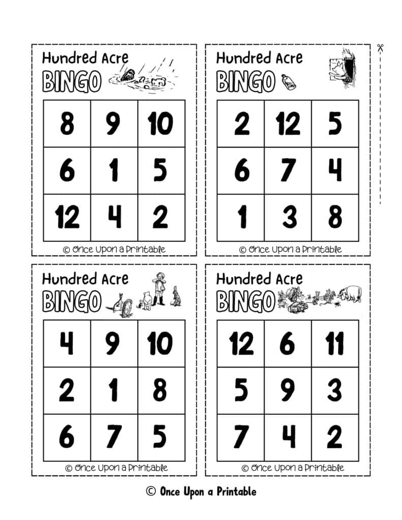 Classic Winnie the Pooh bingo card collection with original illustrations by E. H. Shepard in black and white.