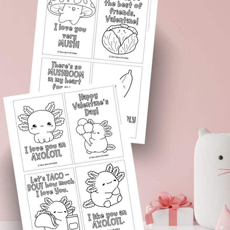 Mushroom and Axolotl Valentine's day Coloring cards laying on a pink background.