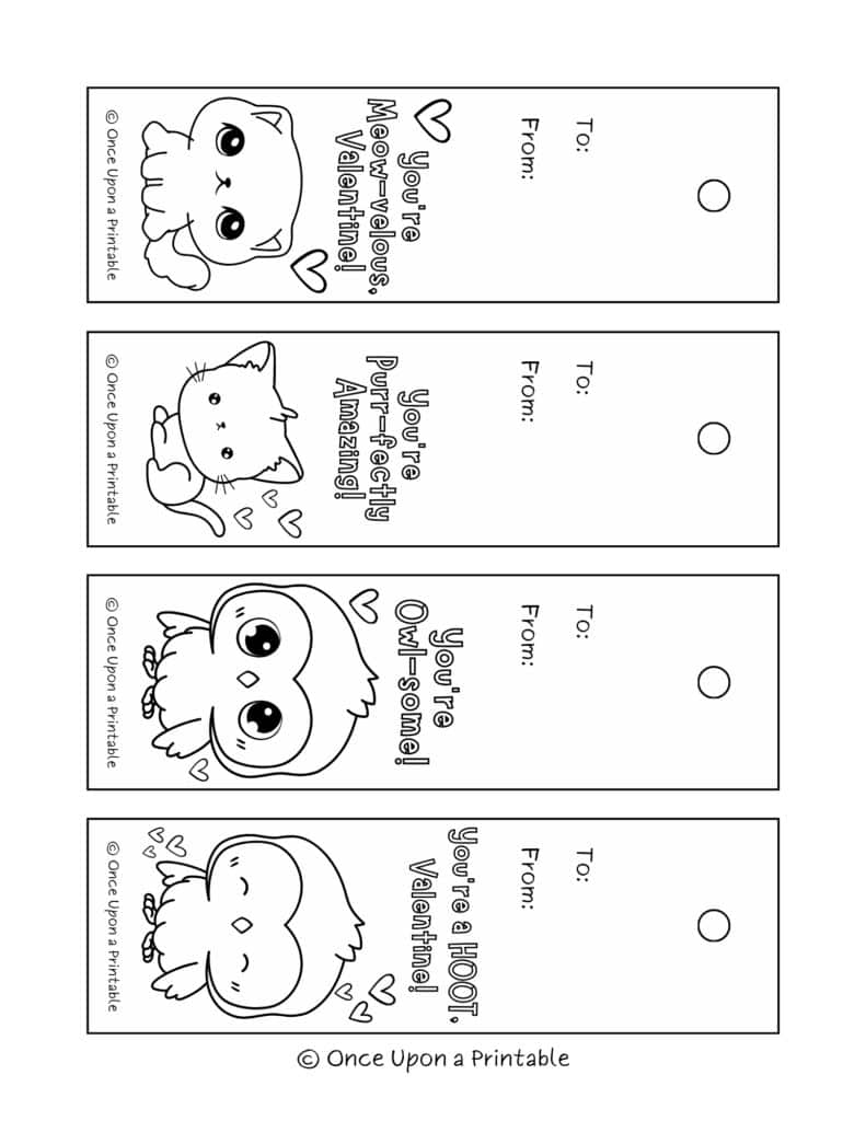 Cute valentine's day illustrated coloring bookmarks for kids and classrooms.
