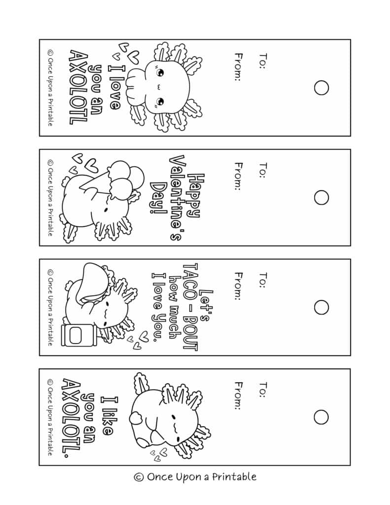Cute valentine's day illustrated coloring bookmarks for kids and classrooms.