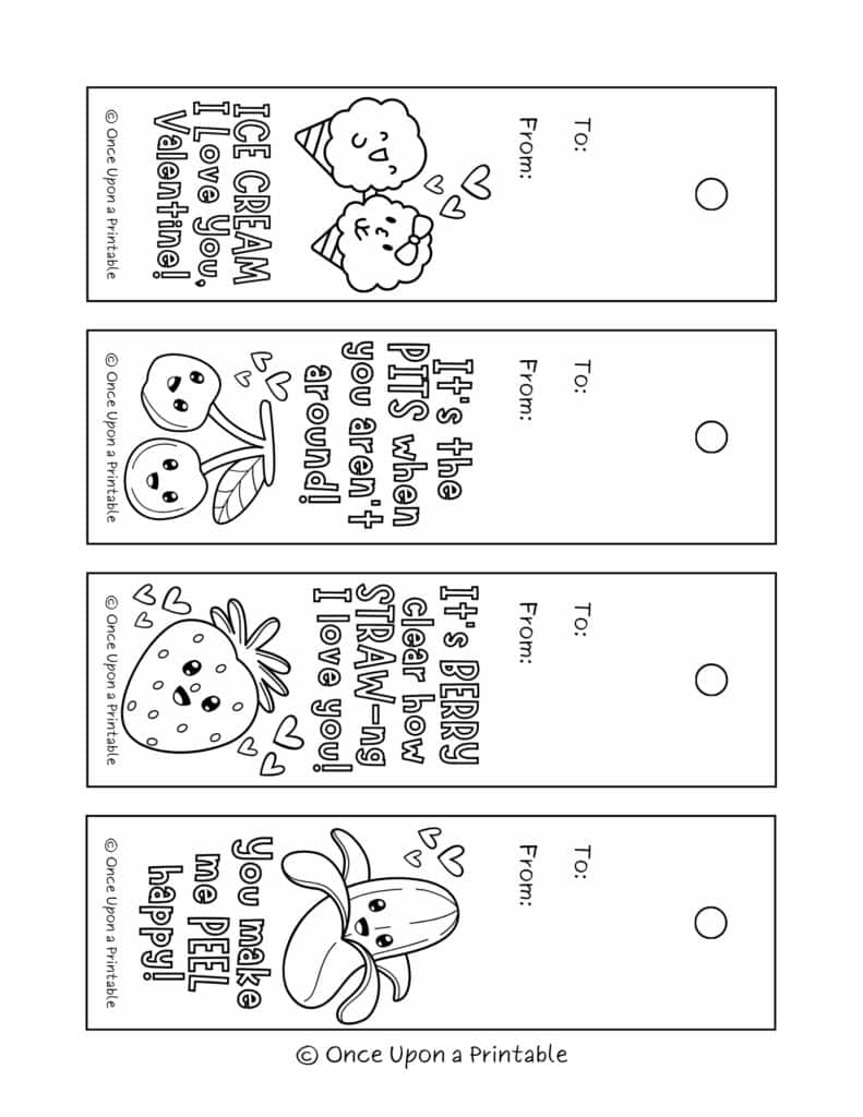 Cute valentine's day illustrated coloring bookmarks for kids and classrooms.