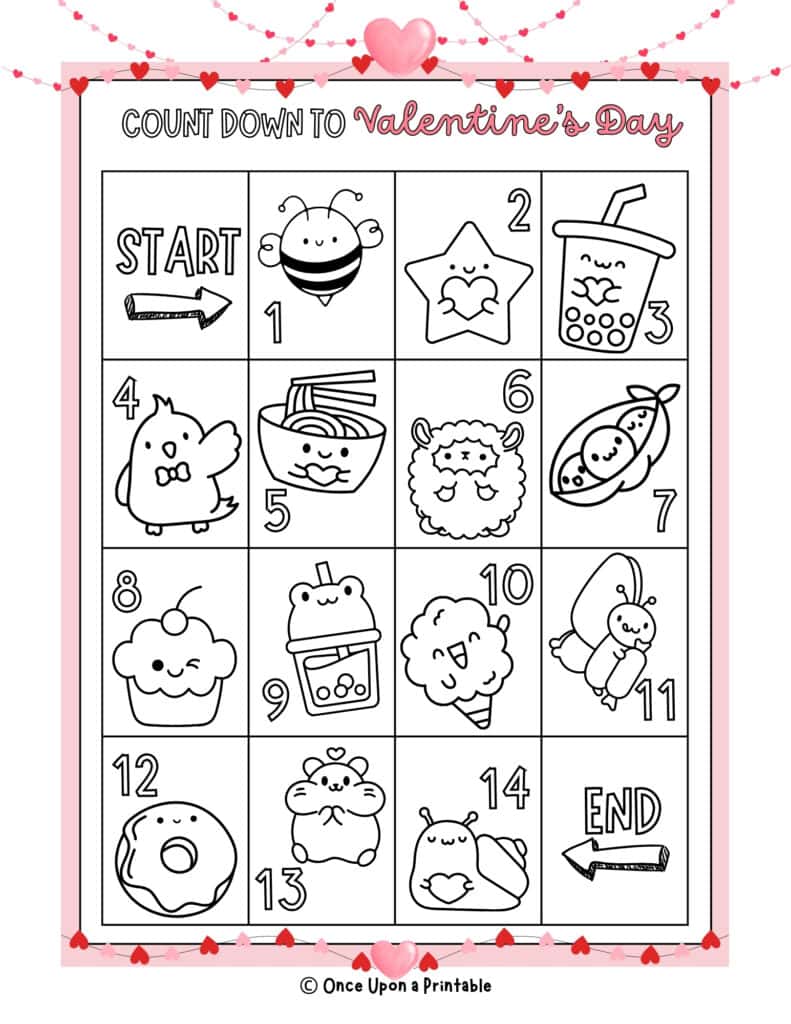 Valentine's day coloring countdown calendar with kawaii-style graphics to color in.
