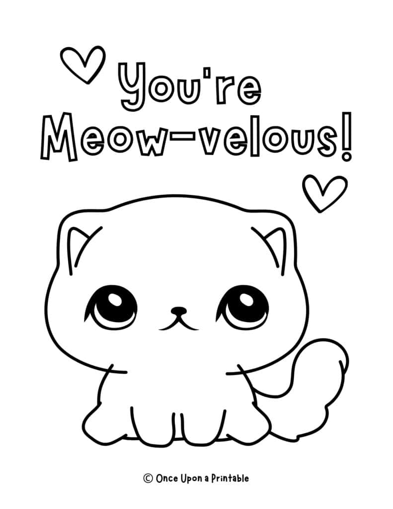A kitty valentine's day coloring page "you're meow-velous!"