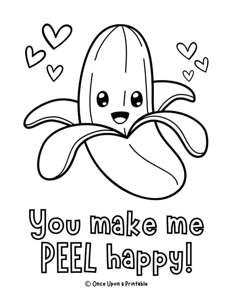 A banana valentine day coloring page "you make me peel happy!"
