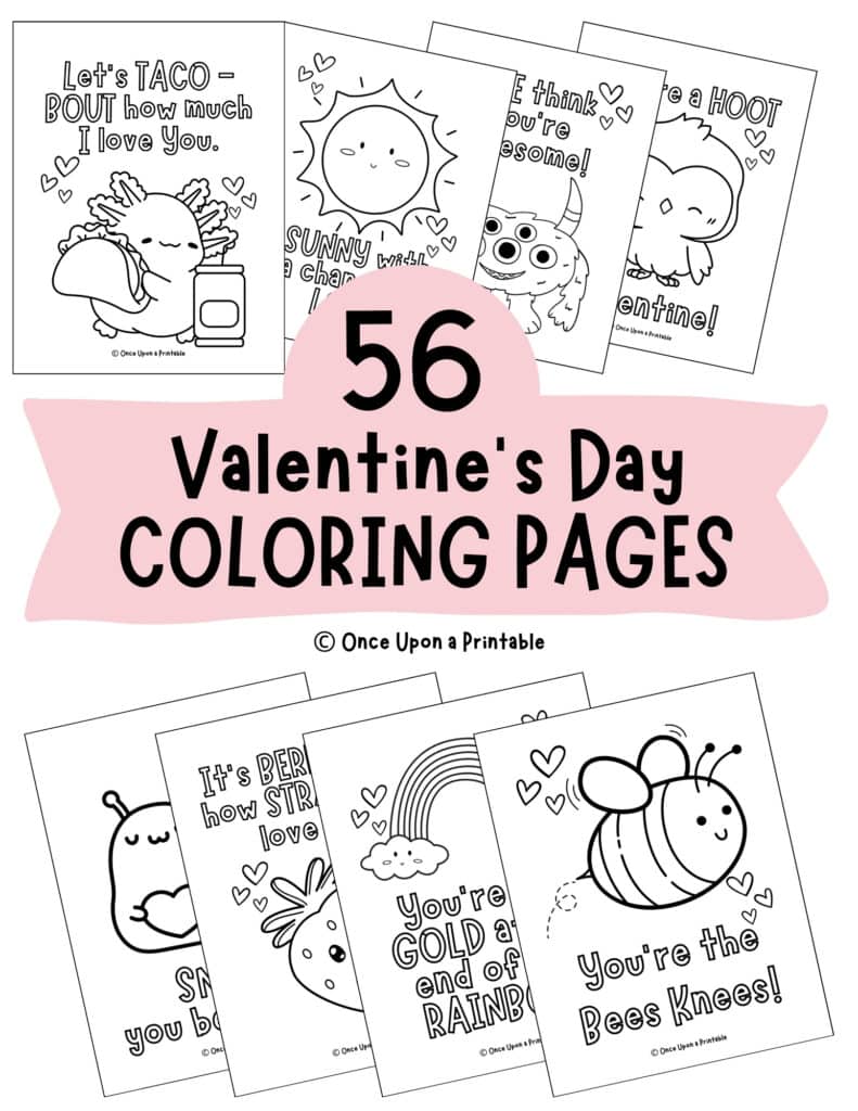 The cover page of the collection of 56 fun and cute Valentine's day colorin gpages.