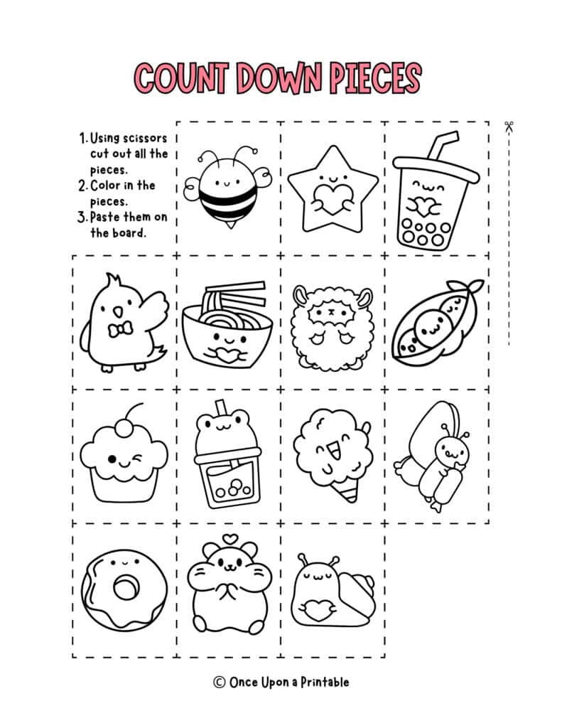 Valentine's day coloring countdown calendar with kawaii-style graphics to color in.