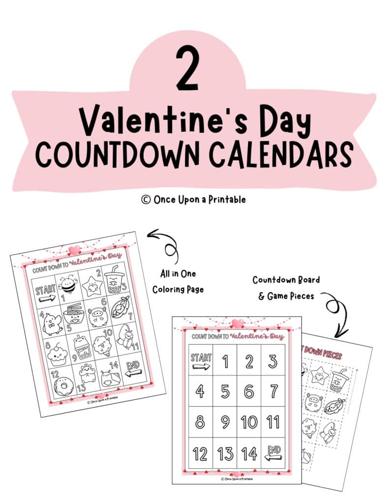 Valentine's day coloring countdown calendar with kawaii-style graphics to color in.