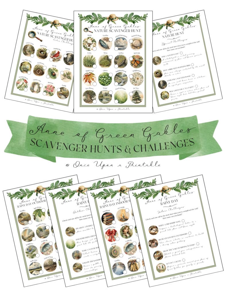 The cover page for the beautiful watercolor illustrated anne of green gables inspired nature scavenger hunts and challenges.