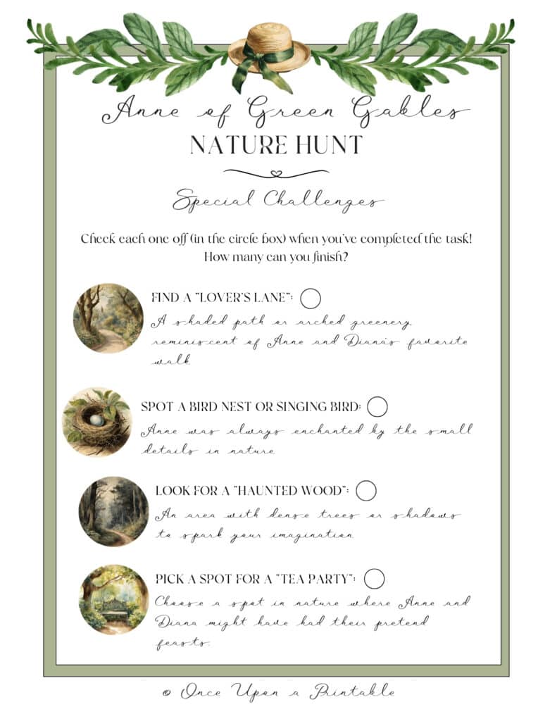 Anne of Green gables inspired nature hunt challenges printable.