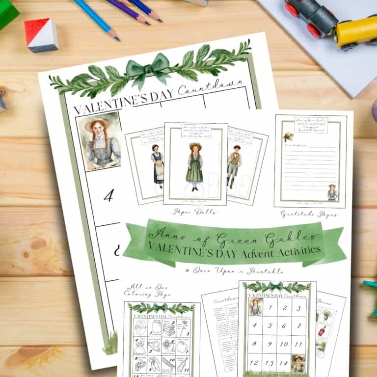 Anne of Green Gables Valentine's Day advent activities, laying on a wooden desk with coloring pencils.