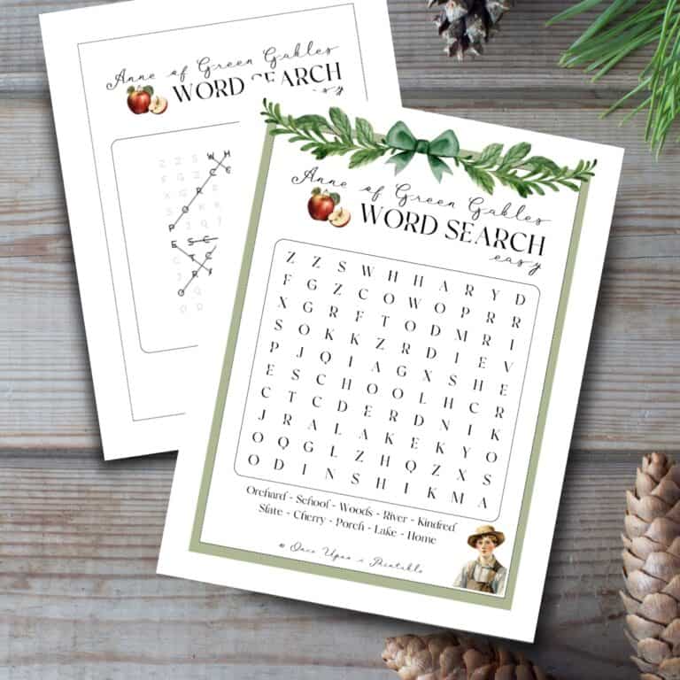 Easy word search puzzles inspired by Anne of Green Gables laying on a wooden background with pinecones.
