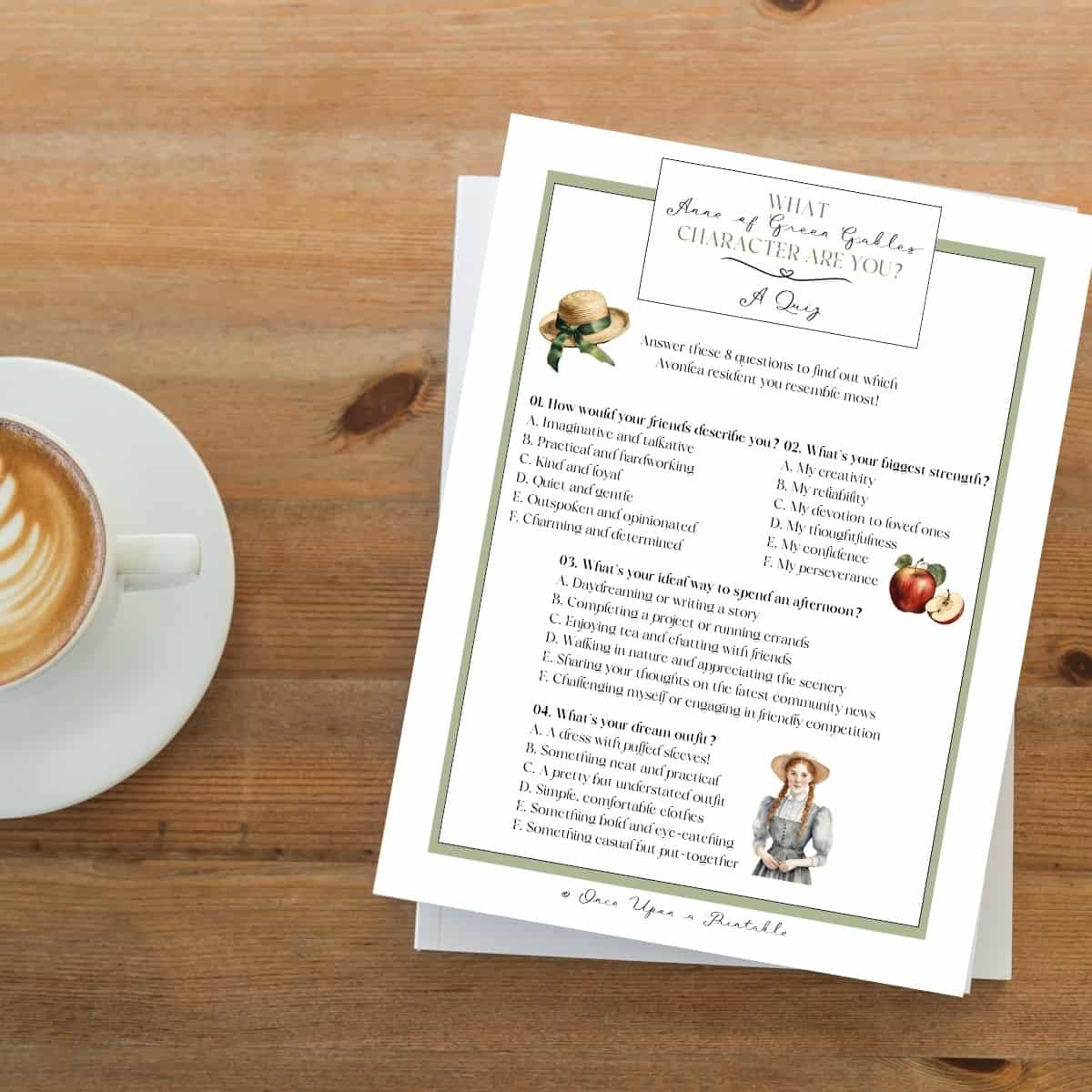 Anne of Green Gables personality quiz printable sitting on a wooden table with a coffee cup.
