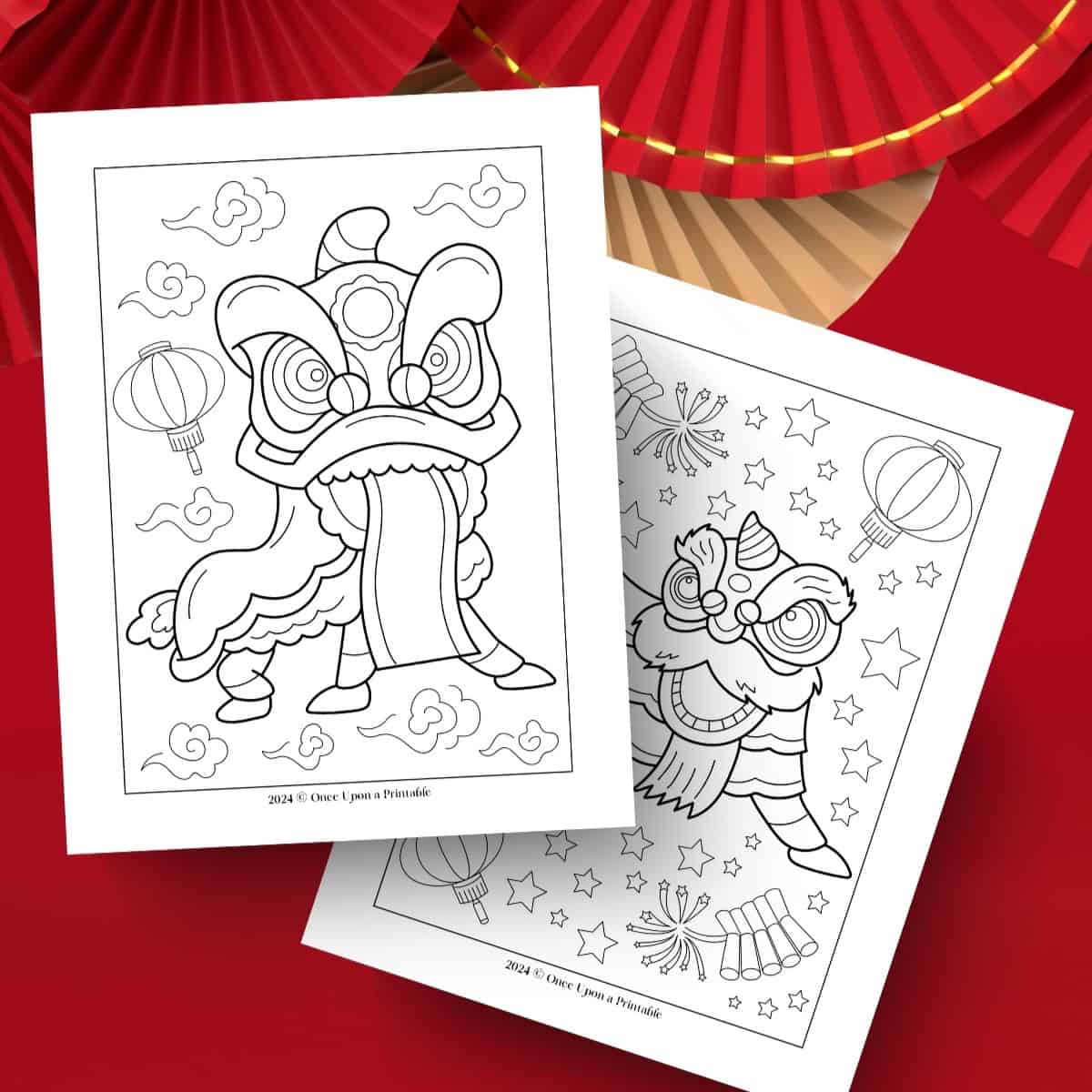 Lunar New Year dancing dragons coloring pages laying on a red and yellow fan background.
