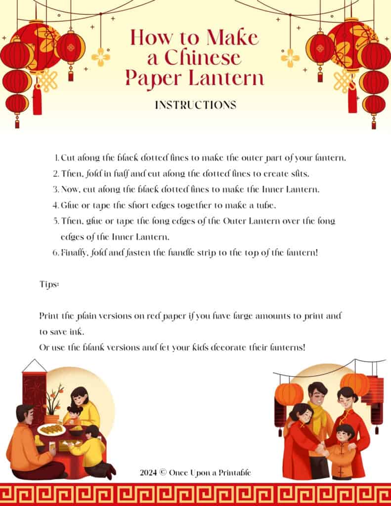 How to make a paper lantern instruction page with bright red and yellow graphics.