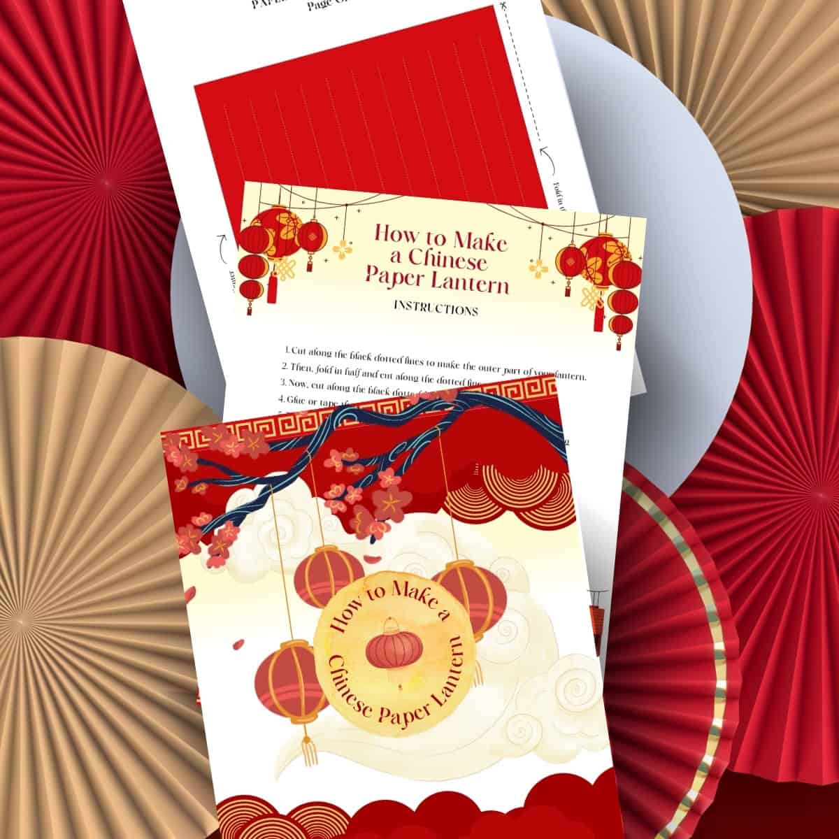 Chinese Lunar New Year paper lantern template and how to instructions, red and yellow decorative fans in the background.
