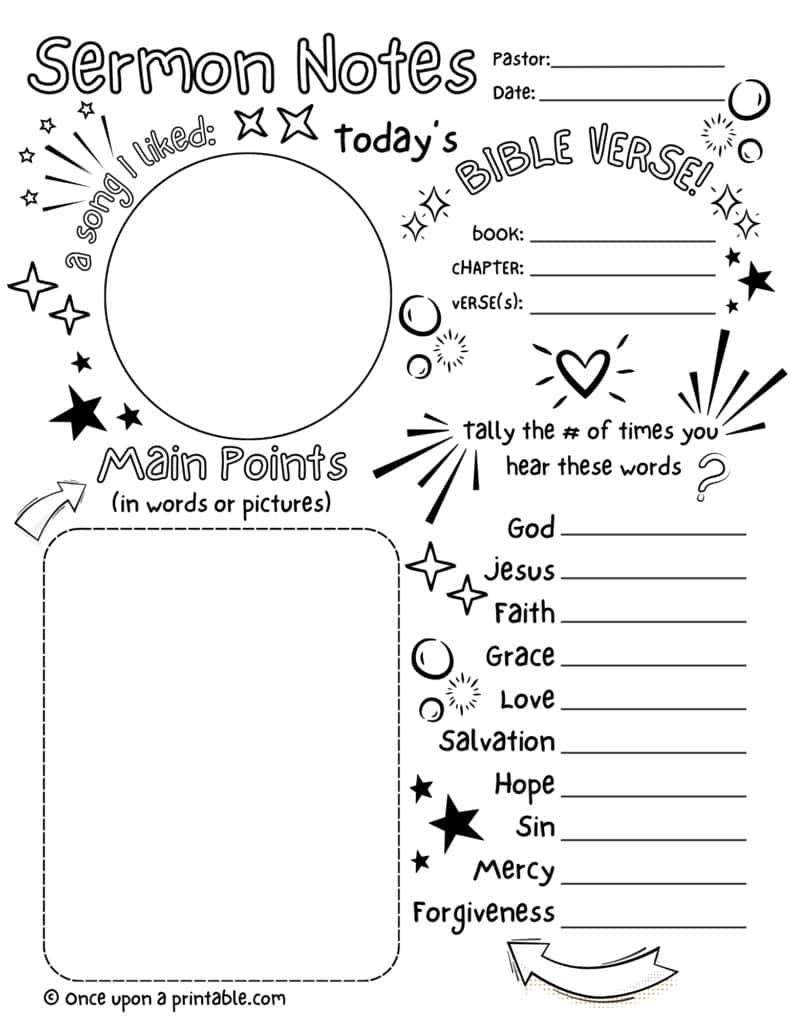 Simple engaging sermon notes for kids coloring pages with prompts and doodles.
