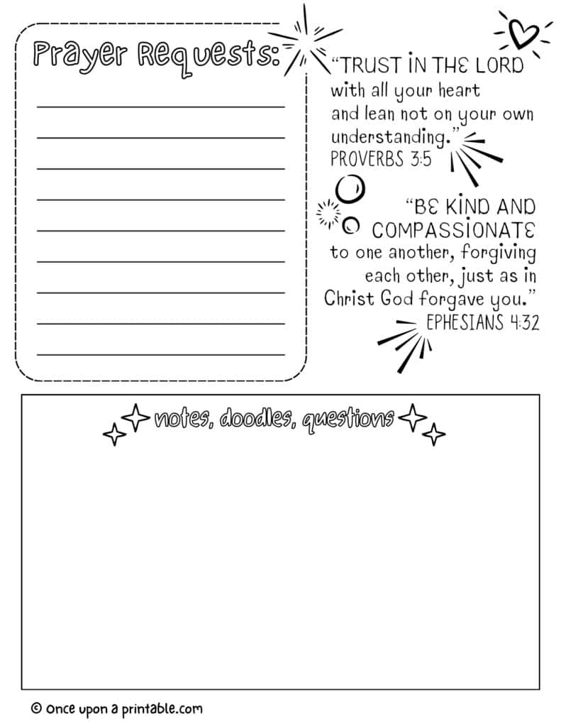 Simple engaging sermon notes for kids coloring pages with prompts and doodles.