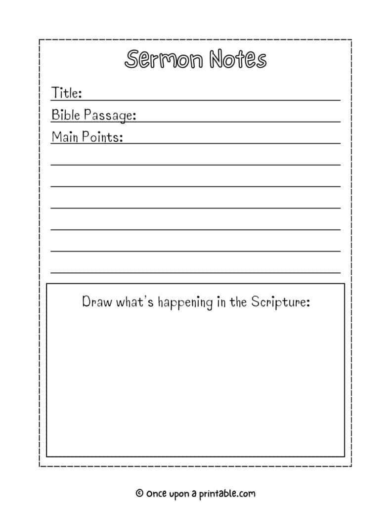 Simple engaging sermon notes for kids coloring pages with prompts and doodles.
