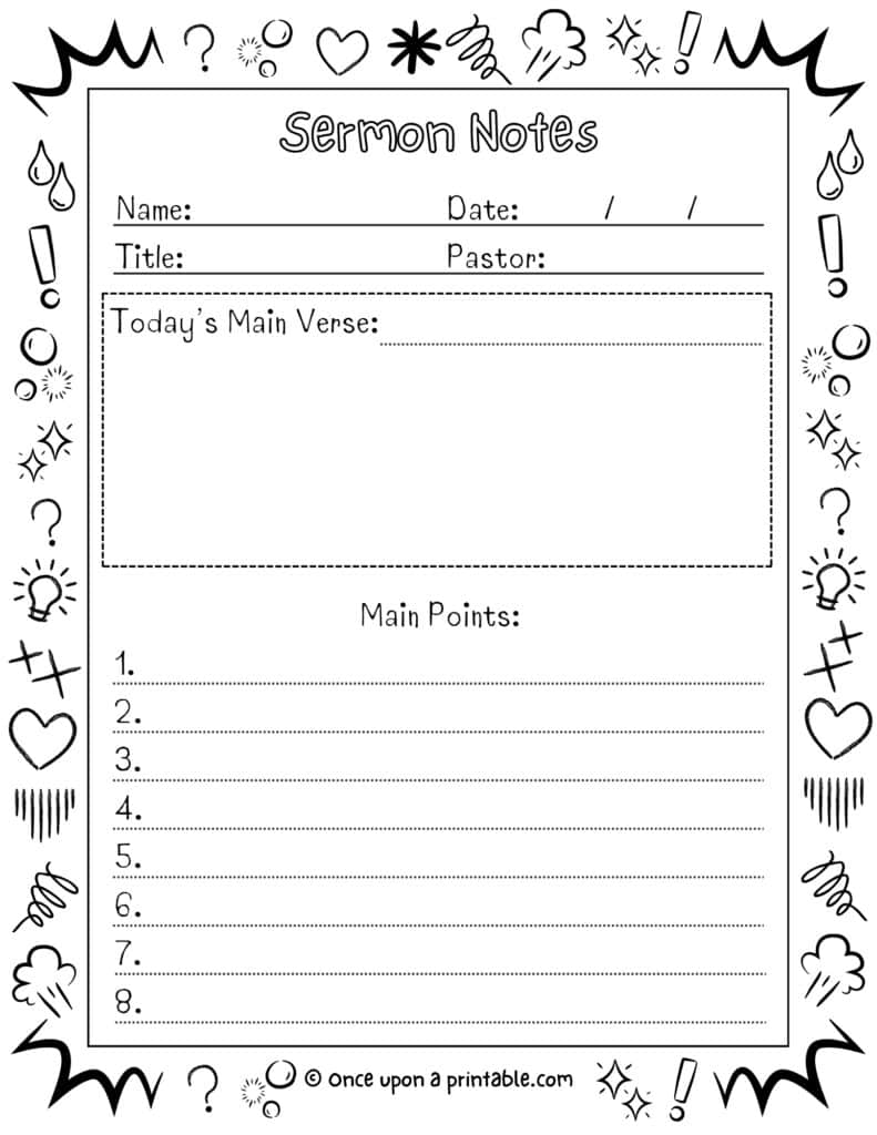 Simple engaging sermon notes for kids coloring pages with prompts and doodles.