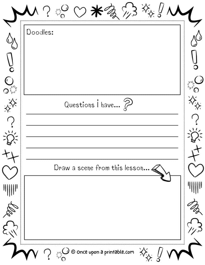 Simple engaging sermon notes for kids coloring pages with prompts and doodles.